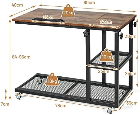 CASART Sofa Side Table, Height Adjustable Industrial Rolling Laptop Desk with 360° Wheels, Tilting Top and Shelves, C-Shaped Mobile Snack Coffee Tea Table for Living Room, Bedroom (with Tilting Top)
