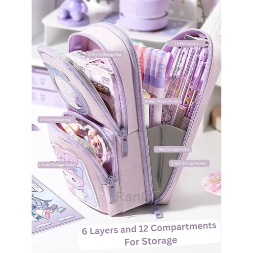Image of 6 Layer with 3 Compartment Premium Canvas Pencil Pouch for School Girls and Boys, Cute Aesthetic Stationery Items Kit Case, Large Capacity Stationary Pencil Box for Kids Gifts (Cream Bear)