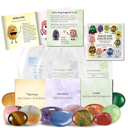 Milaboo® Magie der Edelsteine – 12x Glückssteine mit Bedeutung & Karte im Organzasäckchen – Set mit Broschüre – Mutstein, Schutzstein, Geschenk für Kinder & Erwachsene