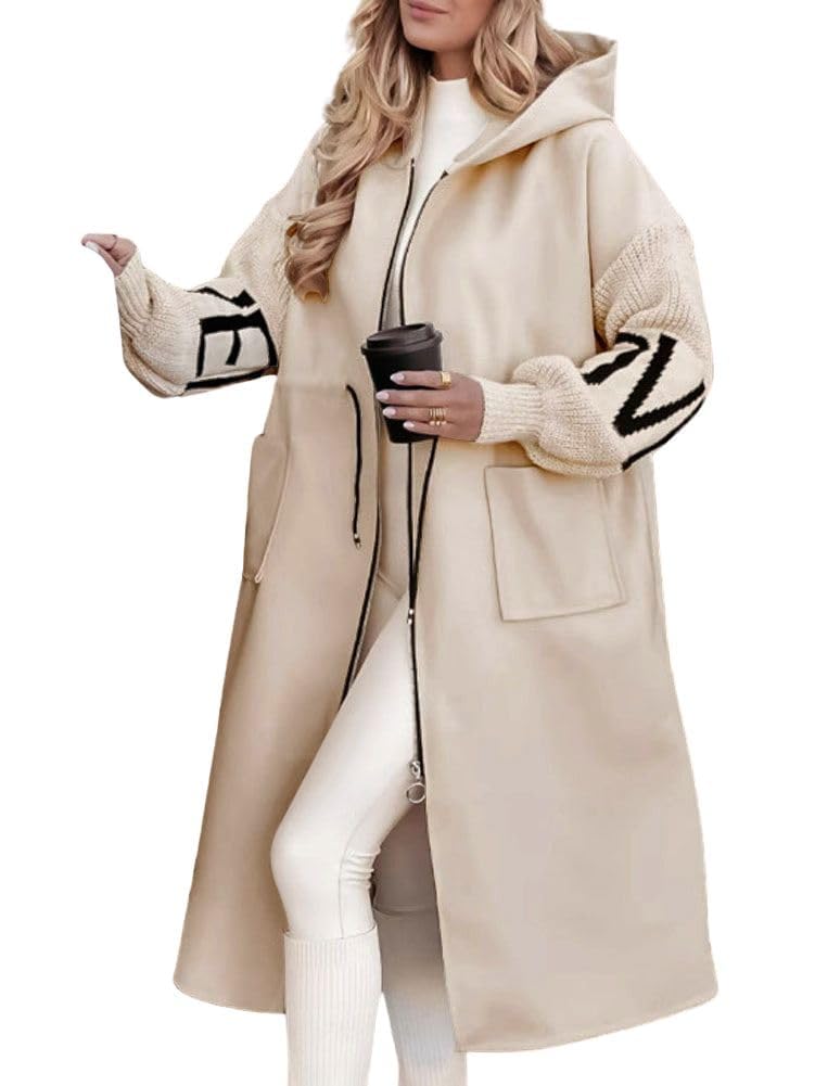 chouyatou Womens Casual Knitted Sleeve Wool Trench Coat Zip Up Hooded Wool Blend Overcoat with Pockets