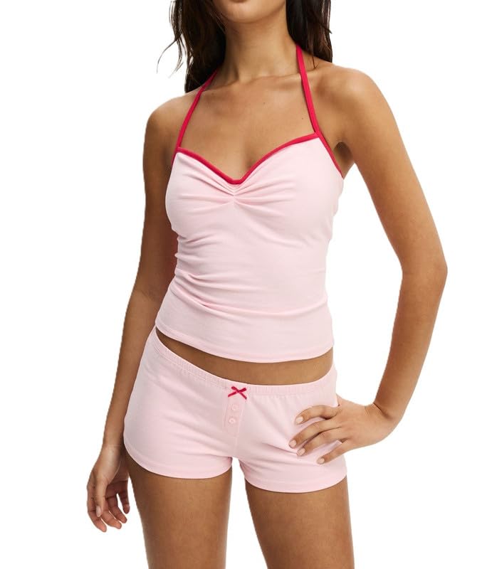 Image of Womens Y2K Cute Print Cami Pajama Sets Lace Trim V Neck Tank Top Shorts Set Bow Heart Print 2 Piece Sleepwear