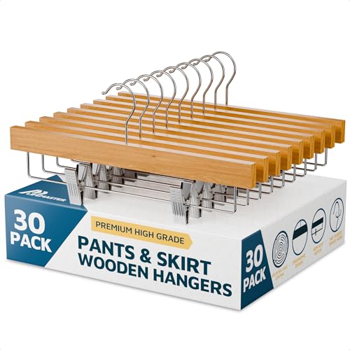 Natural Color Wooden Pants Hangers 30 Pack, Lotus Wood Hanger with Adjustable Non-Slip Clips, Heavy Duty 10 lb Capacity, 360° Swivel Hook, Slim, Space-Saving Design for Slacks, Jeans, Skirts