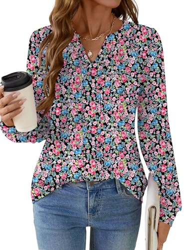 AKEWEI Womens Long Sleeve V Neck Shirts Pleated Business Casual Blouses Fall Loose Tunic Tops