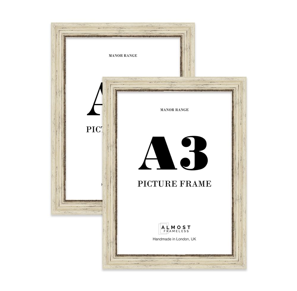 A3 Picture Frame, Display A3 Pictures (29.7 x 41.9cm) - Distressed Cream Distinctive 42mm Edge Classic Interior Design Décor - 2 Pack