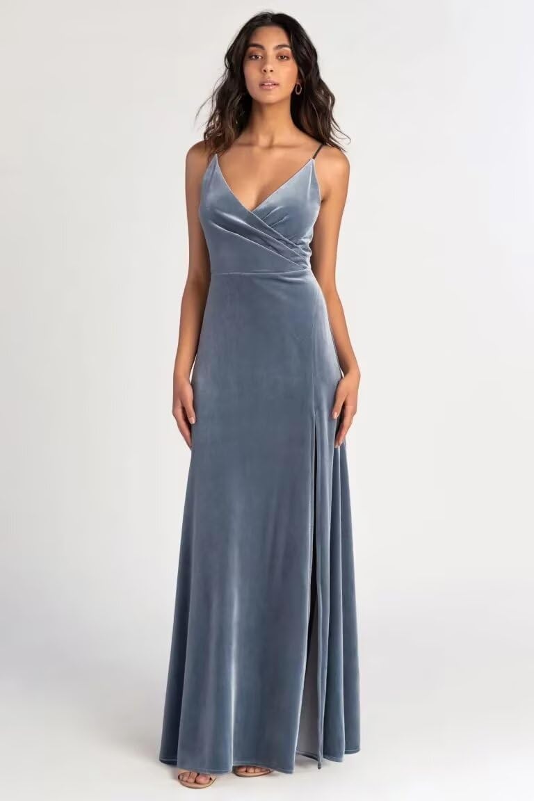 Velvet Bridesmaid Dresses Spaghetti Straps V Neck A Line Long Ruched Formal Evening Party Gown with Slit