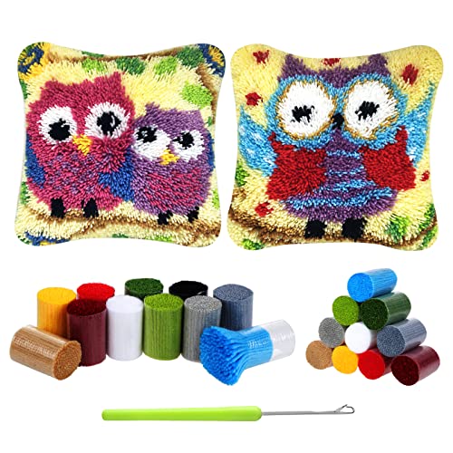 Kinsinder 2pcs Loquet Crochet Kit Complet Housse de Coussin, Kit Fabrication Taie d'oreiller Coussins Tapis Kits, Crochet pour Enfants Adultes Débutants- Chouette