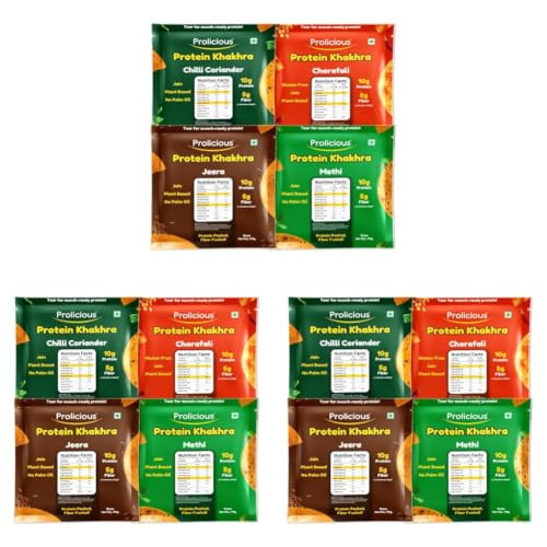 Image of Prolicious Jain Khakhra Combo Pack | Crispy Healthy Khakhra Snacks | High Protein & Fibre-Rich Indian Snack | No Onion No Garlic | Anytime Tea-Time Snack (Pack of 12, 170g each)