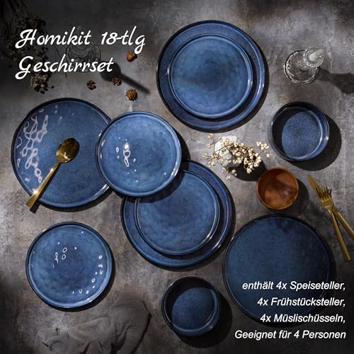 Homikit Geschirrset, 12-teiliges Geschirr Set für 4 Personen, Kombiservice Tafelservice mit Speiseteller Dessertteller und Müslischüsseln, Mikrowellen- und Spülmaschinenfest, Edelblau