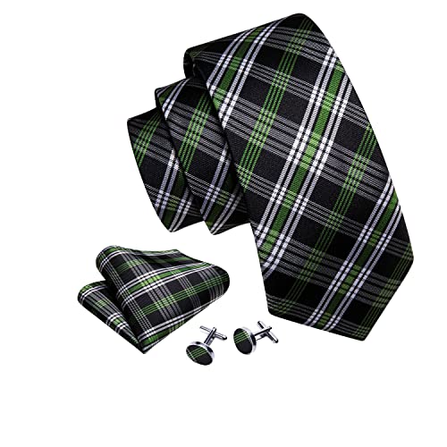 Image of Barry.Wang Plaid Ties for Men Silk Necktie Handkerchief Cuff Links Set