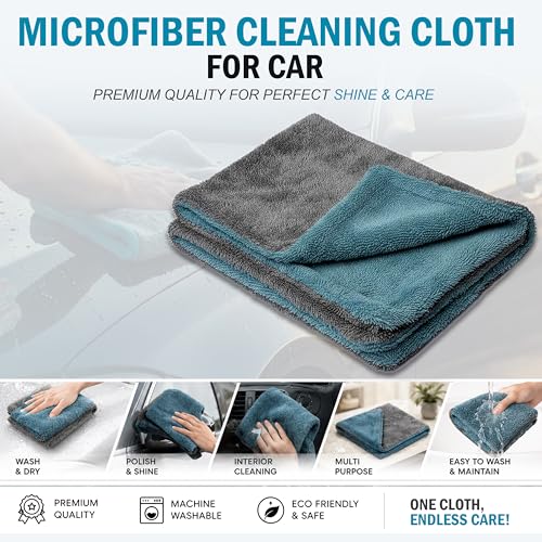Image of JD FRESH 1 Pack Microfiber Cloth for Car 1200 GSM 40x60 cms | Twisted Loop Super Absorbent Towel Double Sided - Edgeless Design & Lint Free Cloth for Drying, Cleaning and Detailing - Aqua Blue & Grey