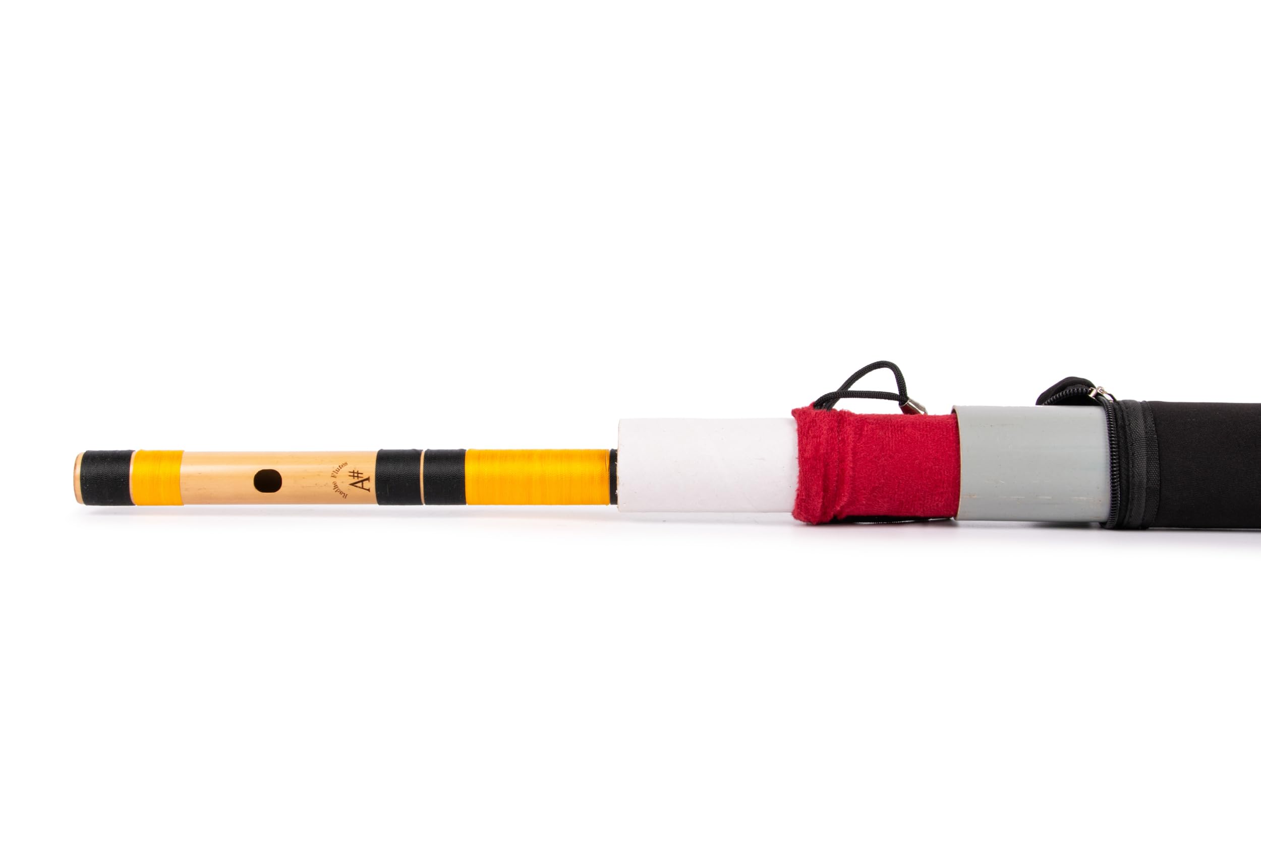 Radhe Flutes Bansuri professionale in bambù, affilato, per destrorsi, base ottava, copertina rigida + copertura in velluto e tubo di carta, nero e arancione, fatto a mano da Tej Sharma
