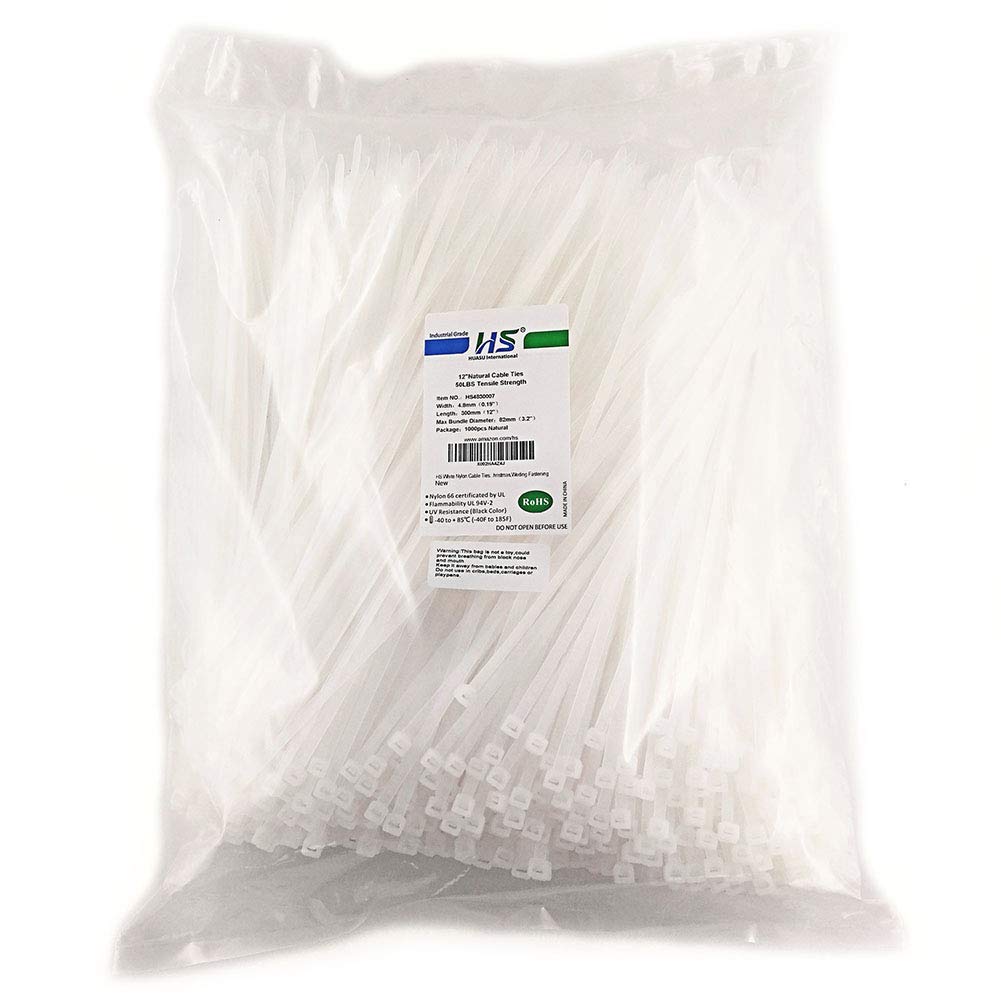 Buy HS White Nylon Cable Ties 12 Inch Zip Ties (1000 Pack) 50 LBS Clear
