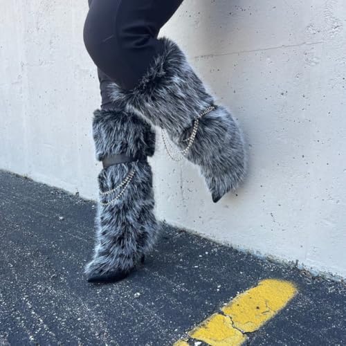 Liliana Women Knee High Pointed Toe Stiletto heel fluffy fur boots3