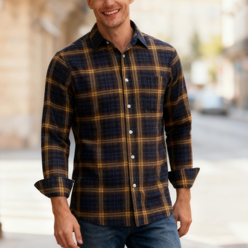 Double Pump Mens Flannel Shirts Cotton Long Sleeve Casual Regular Fit Button Down Plaid Shirts - Image 3