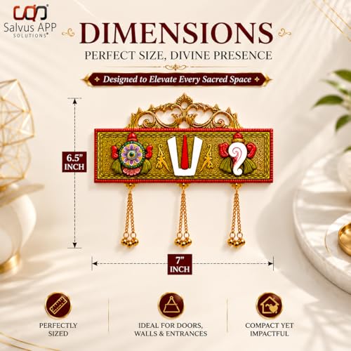 Image of Salvus APP SOLUTIONS Antique Decor: Tirupati Door /Wall Hanging with Shankh Chakra Namah & Metal Latkan - Elegant Home, Room, and Showpiece Figurines for Religious Housewarming Celebration