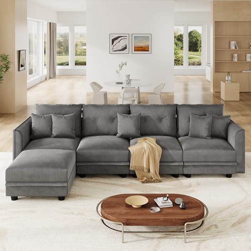 Image of LLappuil 112 inch Modular Sectional Sofa with Storage, L-Shaped 5-Seat Corduroy Couch with 4 Throw Pillows, Pet-Friendly Convertible Sofa for Small Living Room & Apartment, Skin-Friendly, Grey