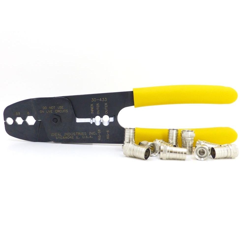 Ideal 30-433F Coax Strip and Crimp Tool with ten RG-6 F-Connectors