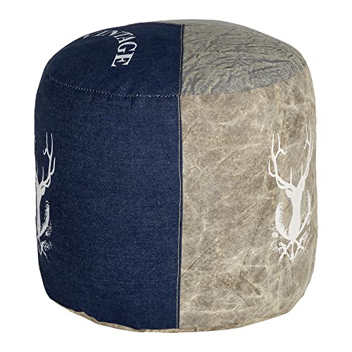 WOMO-DESIGN Pouf Poggiapiedi Imbottito Ø 35x43 cm Tabouret in Tela e Jeans Fatto a Mano Sedile Colore Beige e Blu per Soggiorno da Divano Sgabello per Salotto Riempimento di Cottone Puff Artigianale