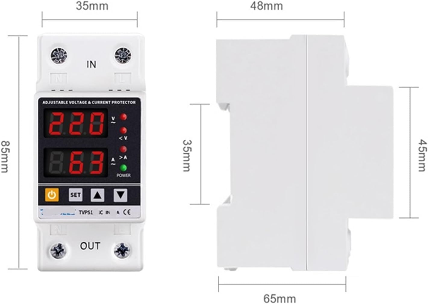 Diagram showing the dimensions of the AVXANKTG TVPS1-63 protector and its side profile.