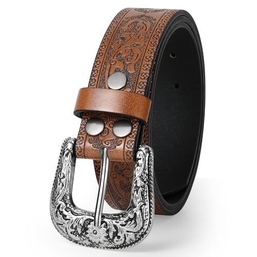 Women Western Belt Cowboy Cowgirl PU Leather Belts with Vintage Engraved Buckle