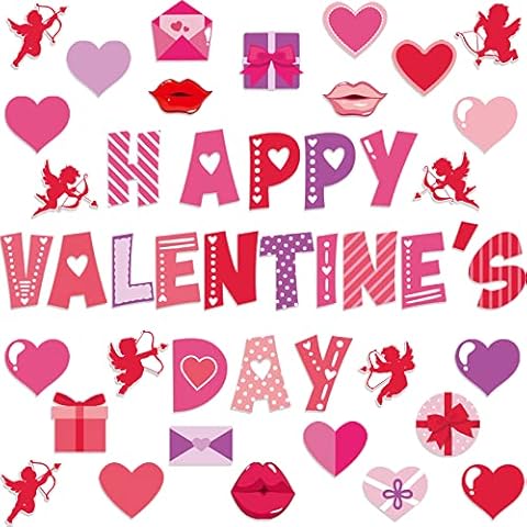 68 Pcs Valentine's Day Classroom Bulletin Border Decor Set Happy Valentine's Day Cutouts Hearts Cutouts Pink Red for Valentines Day Classroom Holiday Bulletin Border Wall Decor Cover