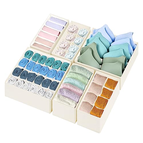 Image of JM PLUS LLC 6 Pack Underwear Organizer with dividers, 58 Cell Drawer Organizer for Clothing Foldable Non-Woven Fabric Dresser Organizer & Storage Boxes for Socks Bra Panty Scarf Ties (Beige)