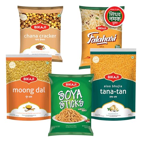 Bikaji Snacks Combo – SOYA STICKS & TANA-TAN (Aloo Bhujia) & FALHARI MIX & Moong Dal & ROASTED CHANA CRACKER | 5 Pack Variety | Bar Snacks, Party Mix & Tea-Time Treats – 1 Kg