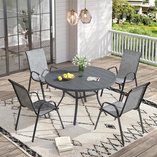Image of VICLLAX Patio Dining Set for 4, All Weather Metal 5 Pieces Patio Set-40.6 inch Round Outdoor Table and Stackable Chairs for Lawn Garden and Backyard, Grey Tabletop