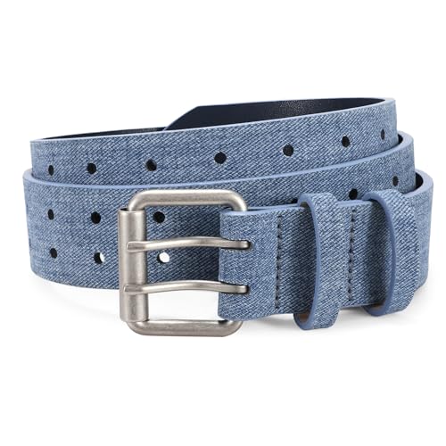 Image of JASGOOD Men Double Prong PU Leather Belt Casual Work Heavy Duty Belt Double Grommet Holes Belt for Jeans