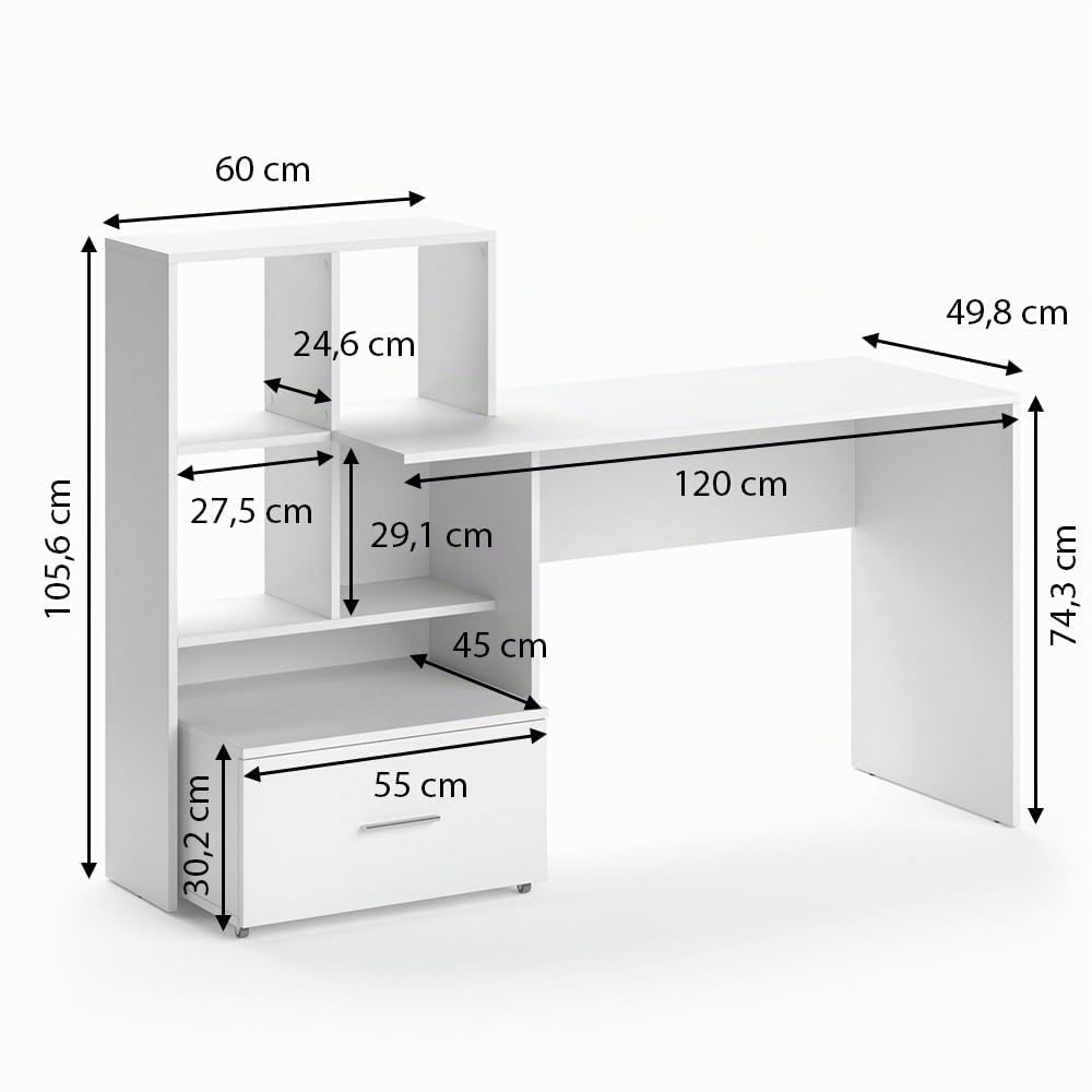 Vicco Scrivania Lorio, Bianco, 149.2 x 49.8 cm | con ripiano aperto e vano estraibile per appoggio
