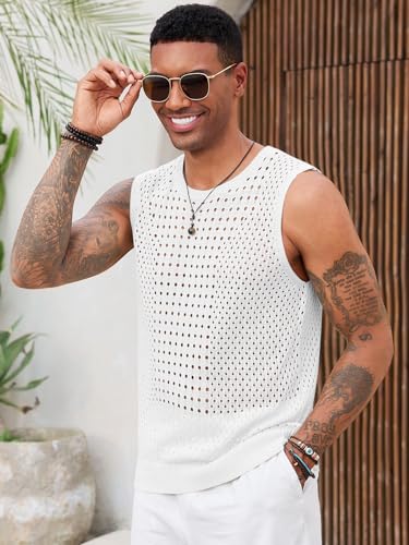 Runcati Mens Knit Sleeveless Tank Tops Casual Hollow Out T Shirts Beach Summer See Through Tops3