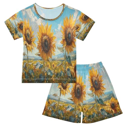 senya Short Sleeve Pajamas Sets Summer Cotton Sleepwear Oil Painting Three Sunflowers