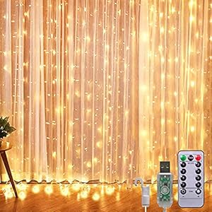 Lichtgordijn met 3 x 3 m, 300 leds, warmwit, watervalschijnwerper met USB-voeding, 8 modi, waterdicht, voor Kerstmis, slaapkamer, feestdecoratie, binnenverlichting