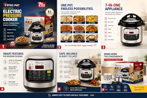 Image of RTEC Electric Pressure Cooker | Multi Cooker for Rice, Dal, Curry & Biryani | Stainless Steel Inner Pot | Automatic Keep Warm Function | Electric Rice & Pressure Cooker | 6L Capacity