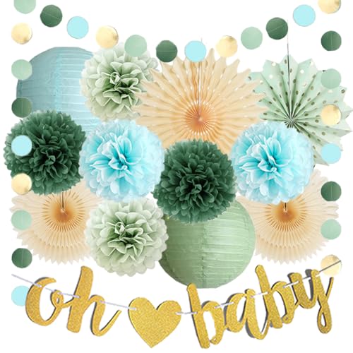 Sage Green Blue Baby Shower Decorations Boy Oh Baby Shower Decorations Sage Green and Light Blue Olive Beige Paper Fans Pom Poms Lanterns Kit for Gender Reveal Party