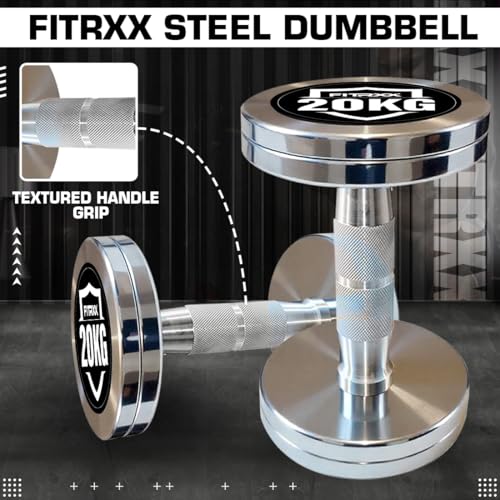 Image of Fitrxx Pair of chrome plated steel Fixed Weight Dumbbells - Gym equipment for home workout | Fitness Gym Dumbbell set for Muscles | stainless steel dumbles set | Dumbell Weights for Workout (Silver, 20 Kg Pair)