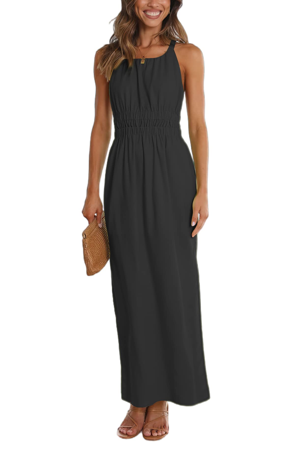 NERLEROLIAN Women's Elastic Waist Strappy Backless Summer Evening Beach Party Maxi Dress Black Small