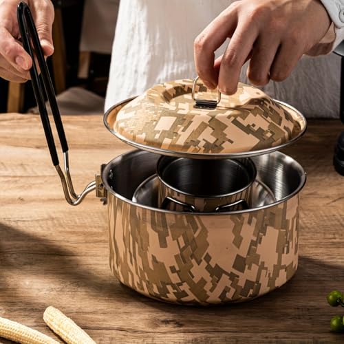 Set de Cocina para Camping Pardarsey 5PCS Camuflaje, Acero Inoxidable Portátil Exterior con Olla, Sartenes y Tazas, Mangos Plegables para Senderismo, Camping y Picnics miniatura 4