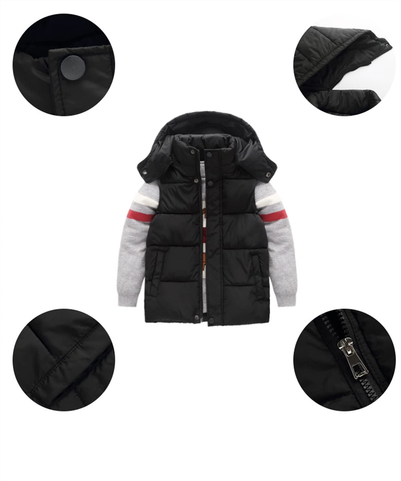 Gilet senza maniche con cappuccio leggero e caldo per ragazzi e ragazze, Piumino senza maniche autunno inverno antivento, Nero, 13-15 anni
