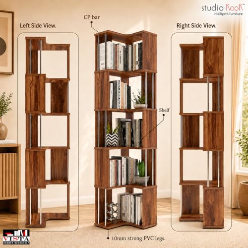Image of Studio Kook Vista Engineered Wood Corner Bookshelf | Bookcase (Matte Finish) (Amber Walnut)