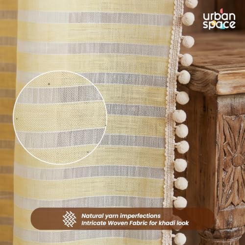 Image of Urban Space Aari Collection Weaved Sheer Curtains for Window 5 Feet, 40-50% Light Filtering Textured Curtain with Eyelets and Tieback, Set of 2 Decorative Curtains (Weaves Yellow, Window- 5 Ft)