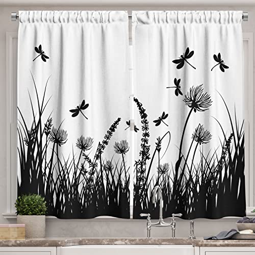 Ambesonne Nature Kitchen Curtains, Grass Bush Meadow Silhouette with Dragonflies Flying Spring Garden Plants Display, Window Drapes 2 Panel Set for Kitchen Cafe Decor, 55