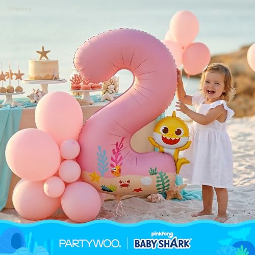 Image of PartyWoo Baby Shark Pink Foil Number 2 Balloon 5pcs 40 18 Inch Pink Round Star Mylar Helium Birthday Balloons for Boys and Girls Baby Shark Under the Sea Ocean Kids Second Birthday Party Decorations