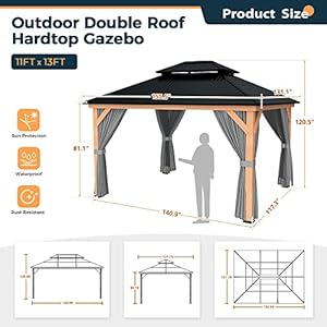 Happatio 1113 wood gazebo outdoor hardtop gazebo with mosquito netting and curtains double metal roof patio gazebo hard top gazebo for garden patio deck parties grey  urban country home decor