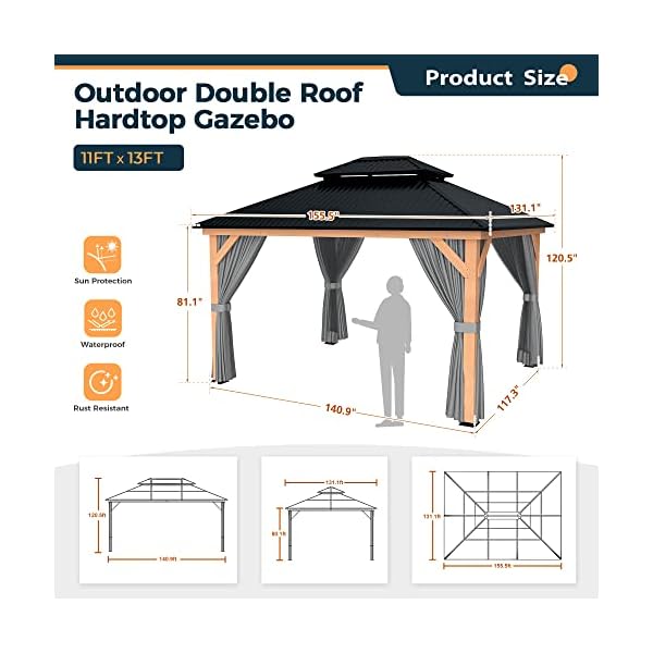 Happatio 1113 wood gazebo outdoor hardtop gazebo with mosquito netting and curtains double metal roof patio gazebo hard top gazebo for garden patio deck parties grey  urban country home decor