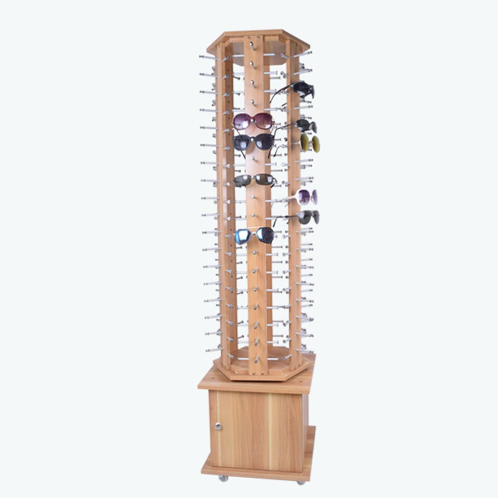 Espositore girevole per occhiali da sole, organizer da pavimento con ruote, design moderno in legno per negozi al dettaglio