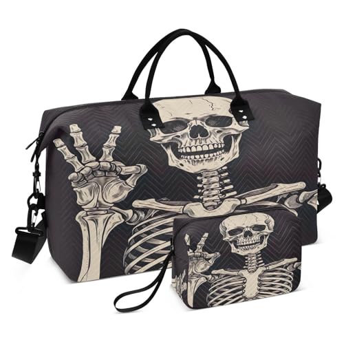 Funny Skeleton Travel Duffel Bag Large Capacity Weekender Bag with Toiletry Bag Detachable Shoulder Strap Travel Tote Bag for Women