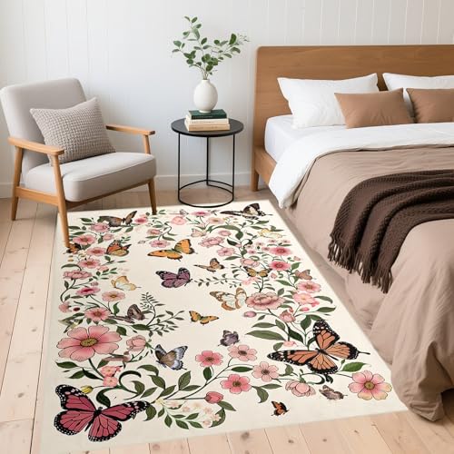 Floral Butterfly Rug 3'×5' - Washable Rug for Living Room Boho Beige Floral Carpet for Dining Room Door Mat Indoor Entrance 3'×5' Rugs Butterfly Mats