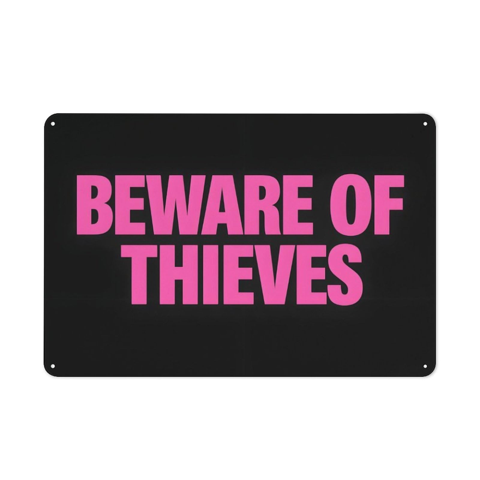 peiyeety Beware of Thieves Metal Tin Sign Security Warning Black Pink Durable Aluminum Weatherproof Wall Plaque for Home Store Business Outdoor TheftZone 6x8 Inch