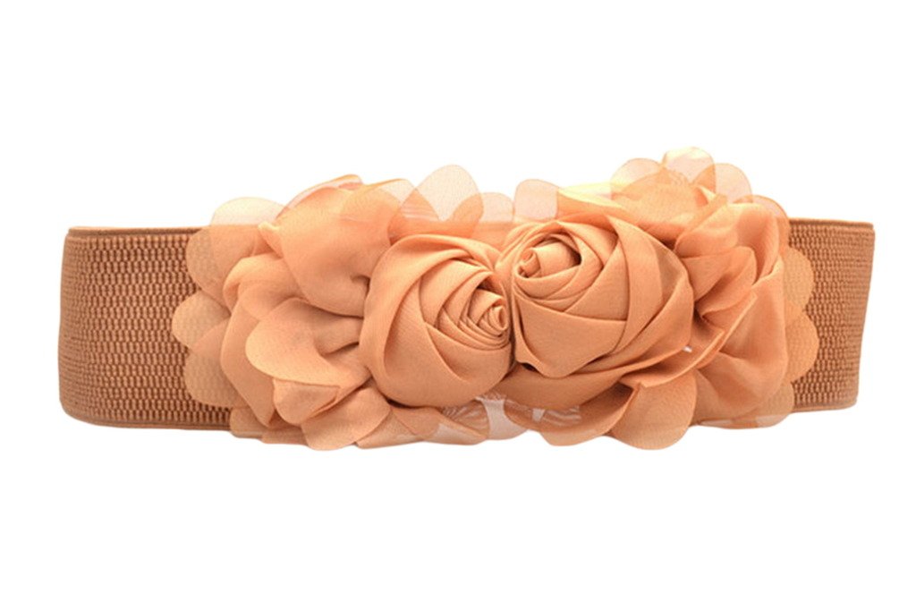 COMVIP Women Lace Elastic Waistband Rose Flower Dress Wide Belt Cinch Camel